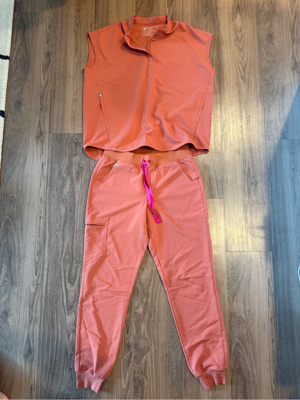 Figs Women's Two-Piece Scrub Set in Coral with Pink Drawstring